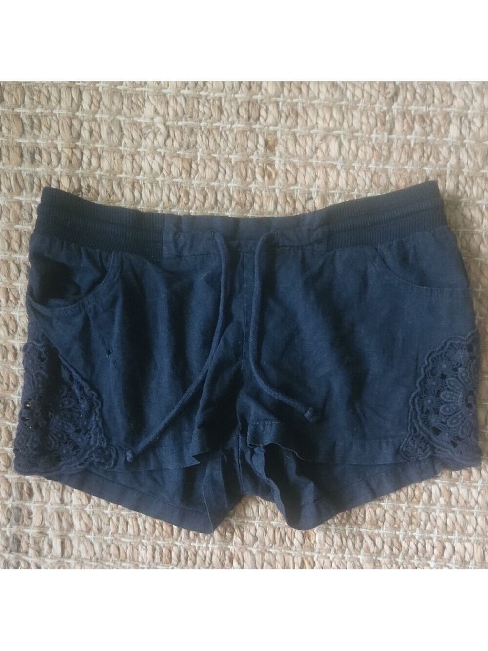 Love Tree Blue Small Women's Lave Detailed Tie Waist Boho Linenlike Shorts